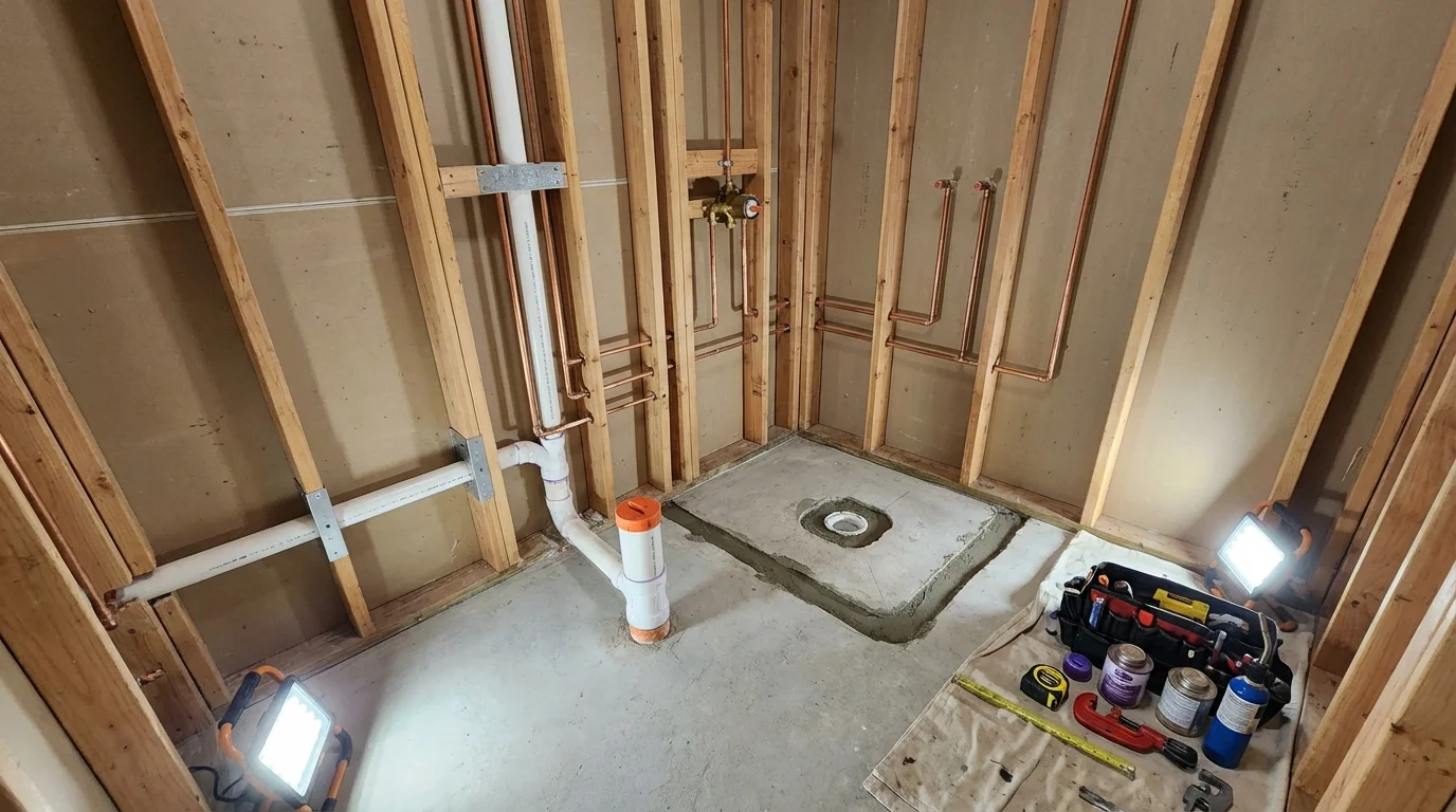 Bathroom rough-in plumbing during remodel by Johns Plumbing LLC in Hartsdale