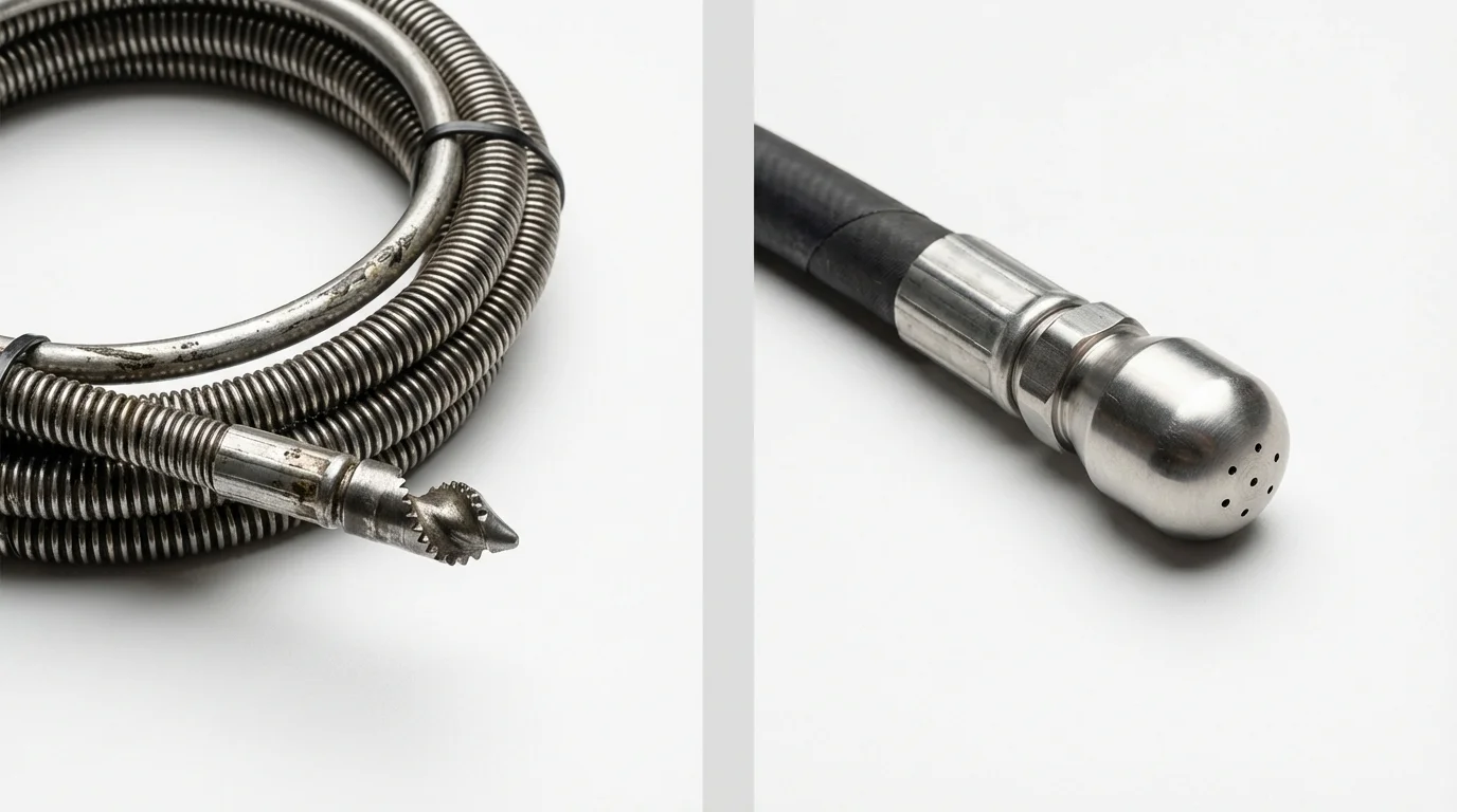 Drain snake cable and hydro jetting nozzle used for drain cleaning in Hartsdale, NY