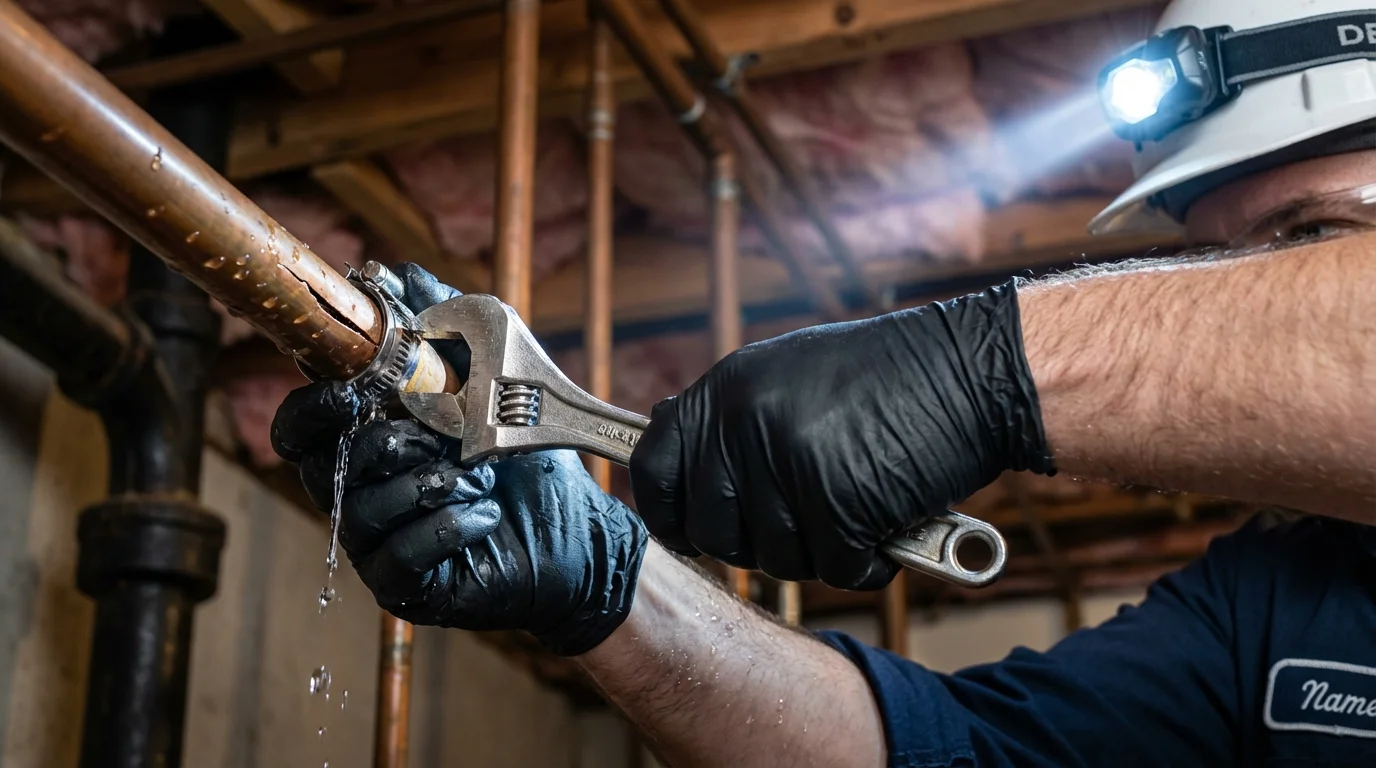 Emergency pipe clamp repair being performed by a Johns Plumbing LLC plumber in Hartsdale