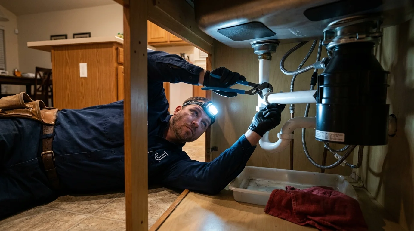 P-trap and supply line connections under a kitchen sink showing a common leak point in Hartsdale, NY
